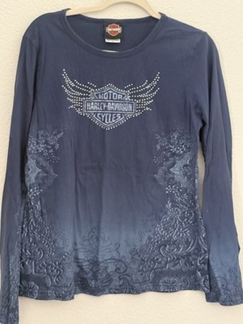 Harley-Davidson Womens Long Sleeve Shirt Navy Embellished Glam Motorcycle - XL